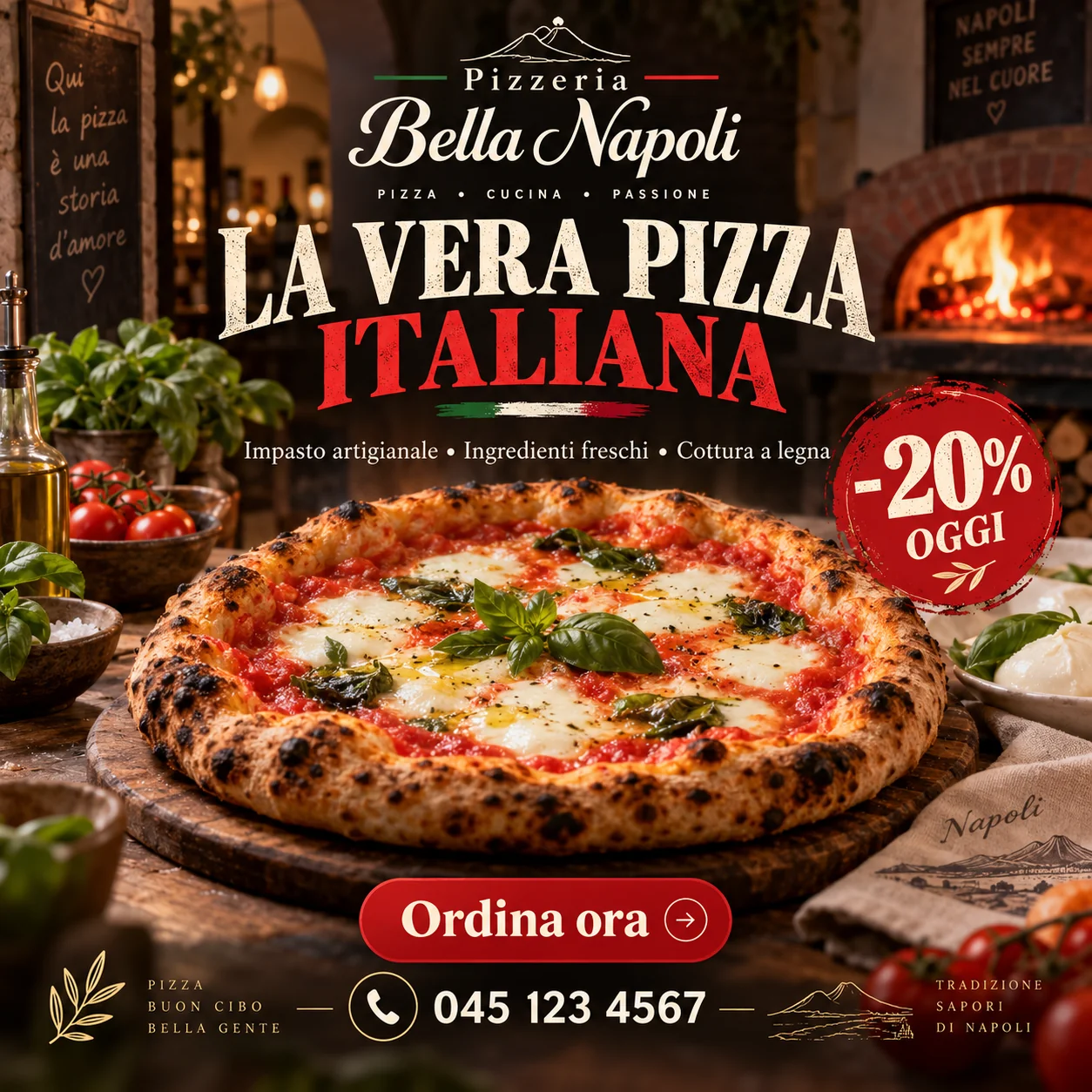 Concept pubblicitario per la pizzeria immaginaria Bella Napoli, pizza napoletana e promozione